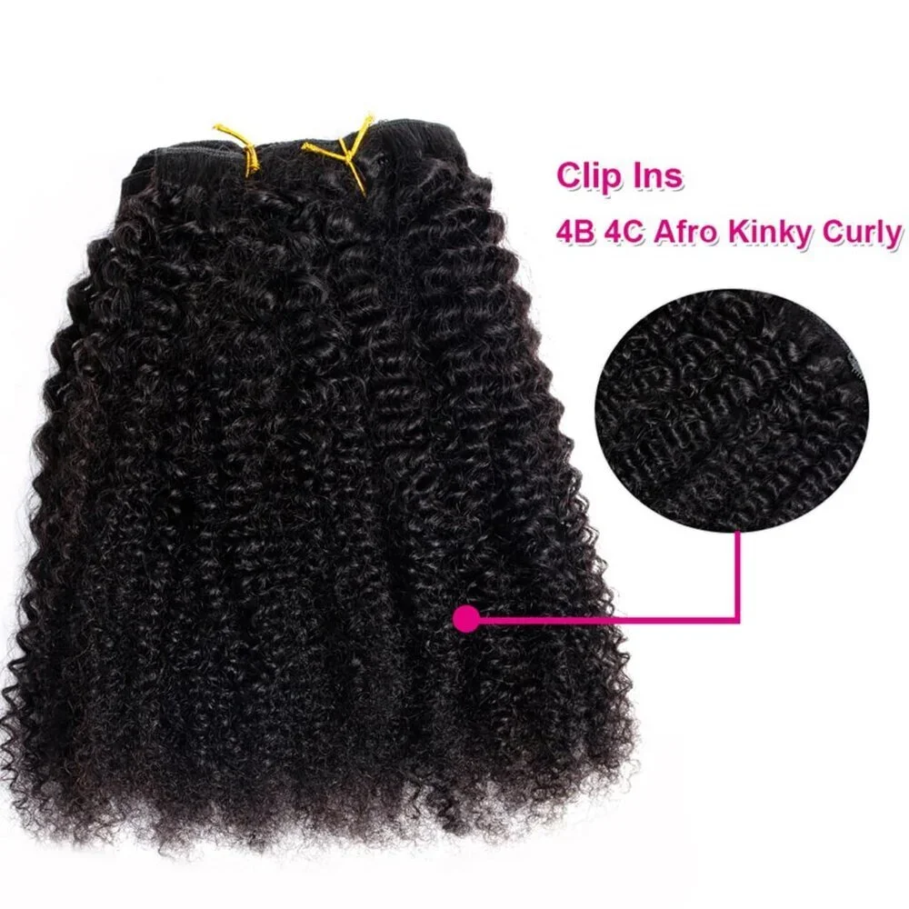 Kinky Curly Clip In Extensions Human Hair 14 Inch Natural Black 7Pcs
